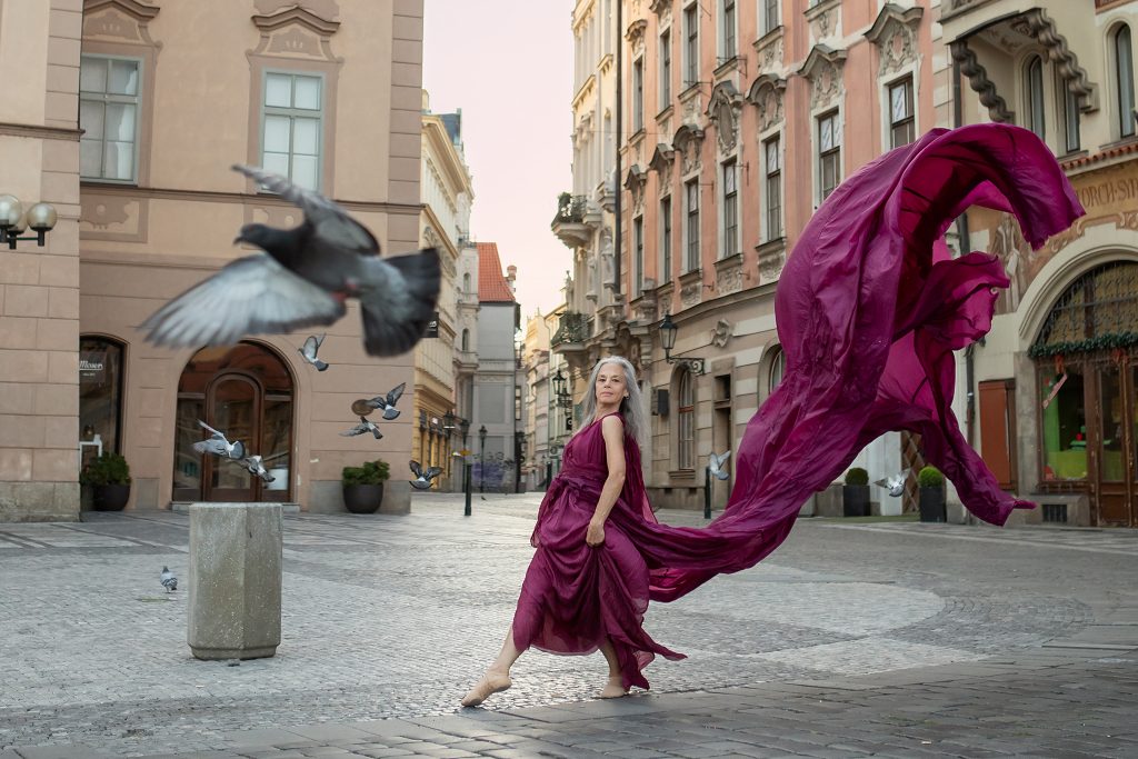 Dancer Lisa Travis, Prague, with birds