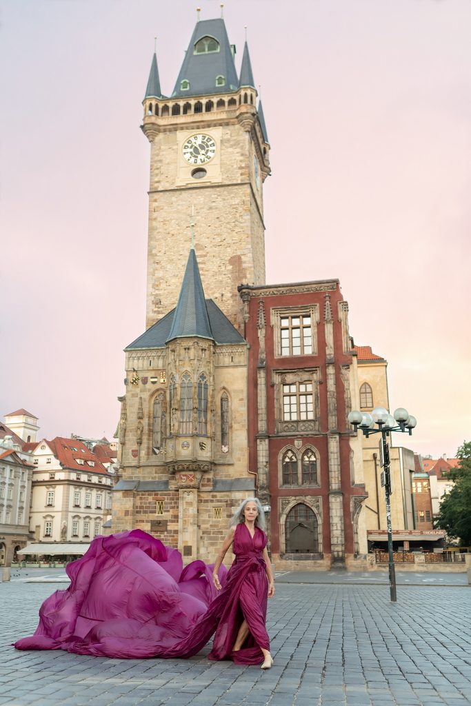 Lisa Travis, dancer, in front of the Clock Tower, Old Town Hall, Prague