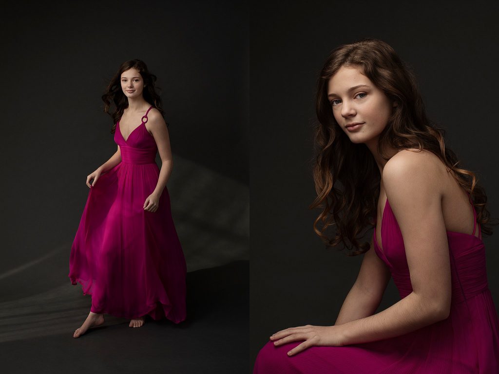 Senior portraits of Emma in pink silk gown.  Emma, stepping into the light / Emma facing left