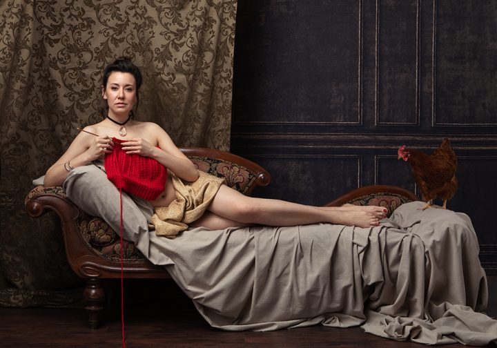 ©Maundy Mitchell - portrait from the "Knitted Together" project: Kieran, reclining with chicken