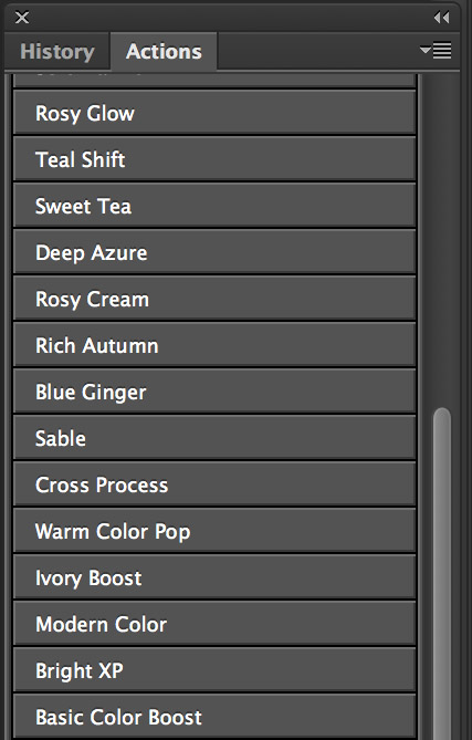 These Photoshop Actions are all sequences of adjustments and filters created by other photographers that can be downloaded and installed.
