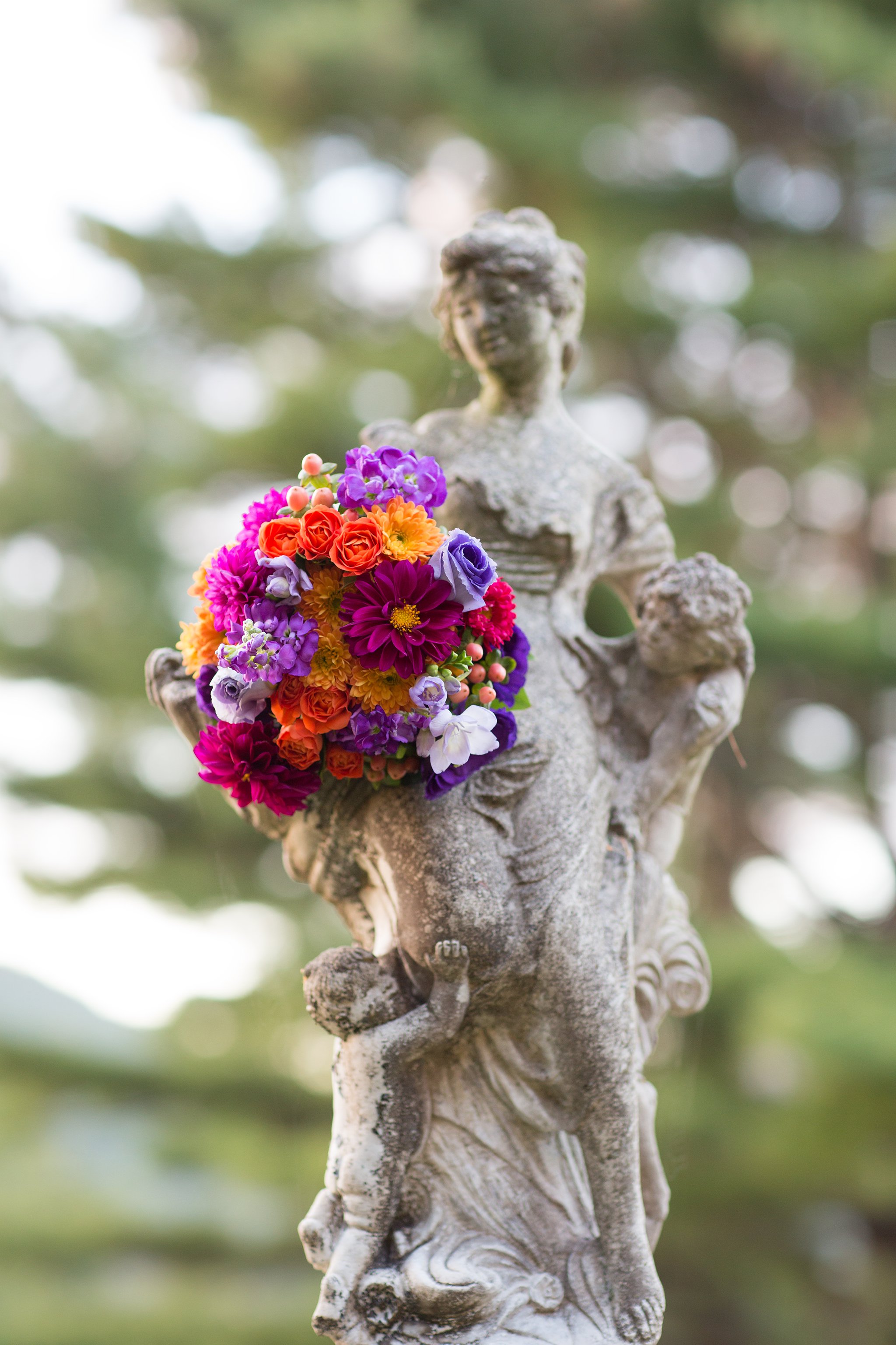 Bridal Bouquet and Garden Statue