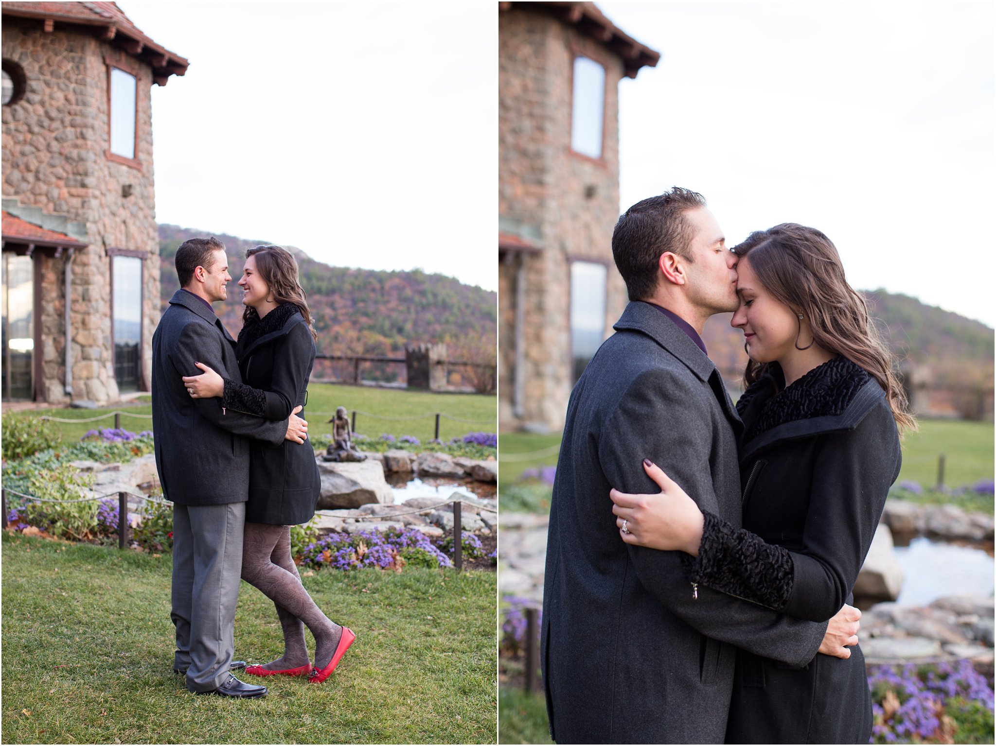 Engaged couple on grounds of Castle in the Clouds, Moultonborough, NH