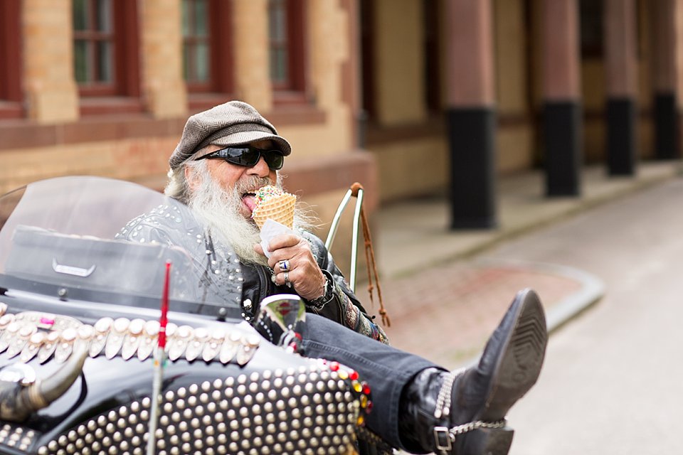 Biker on Harley Davidson, Eating Ice Cream