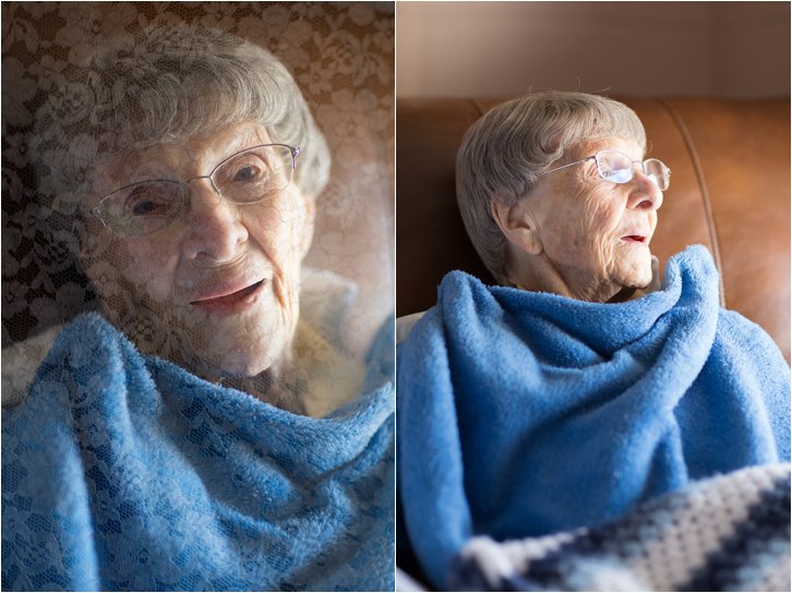 Betty, through lace and looking out window