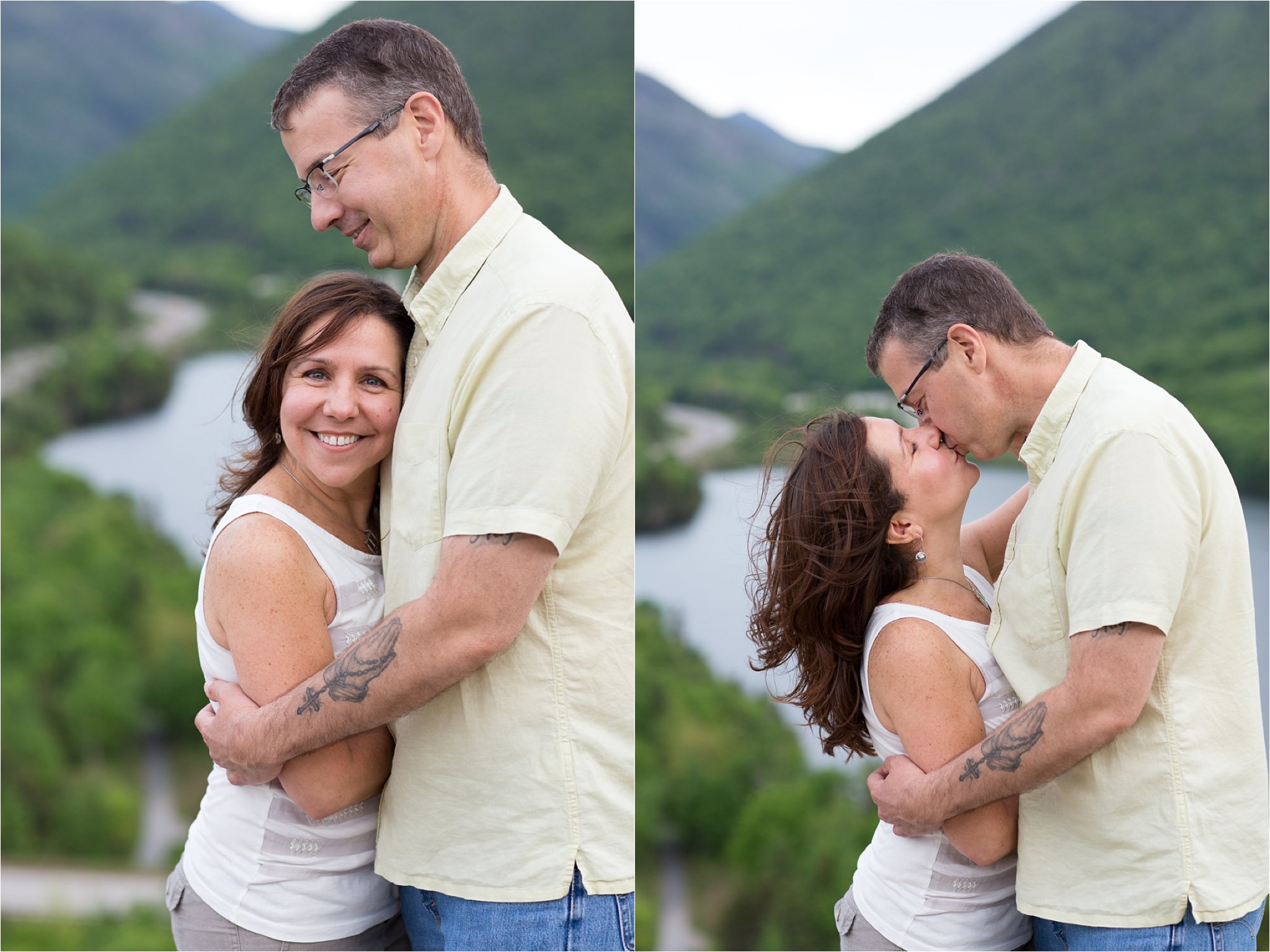 engaged couple hugging kissing