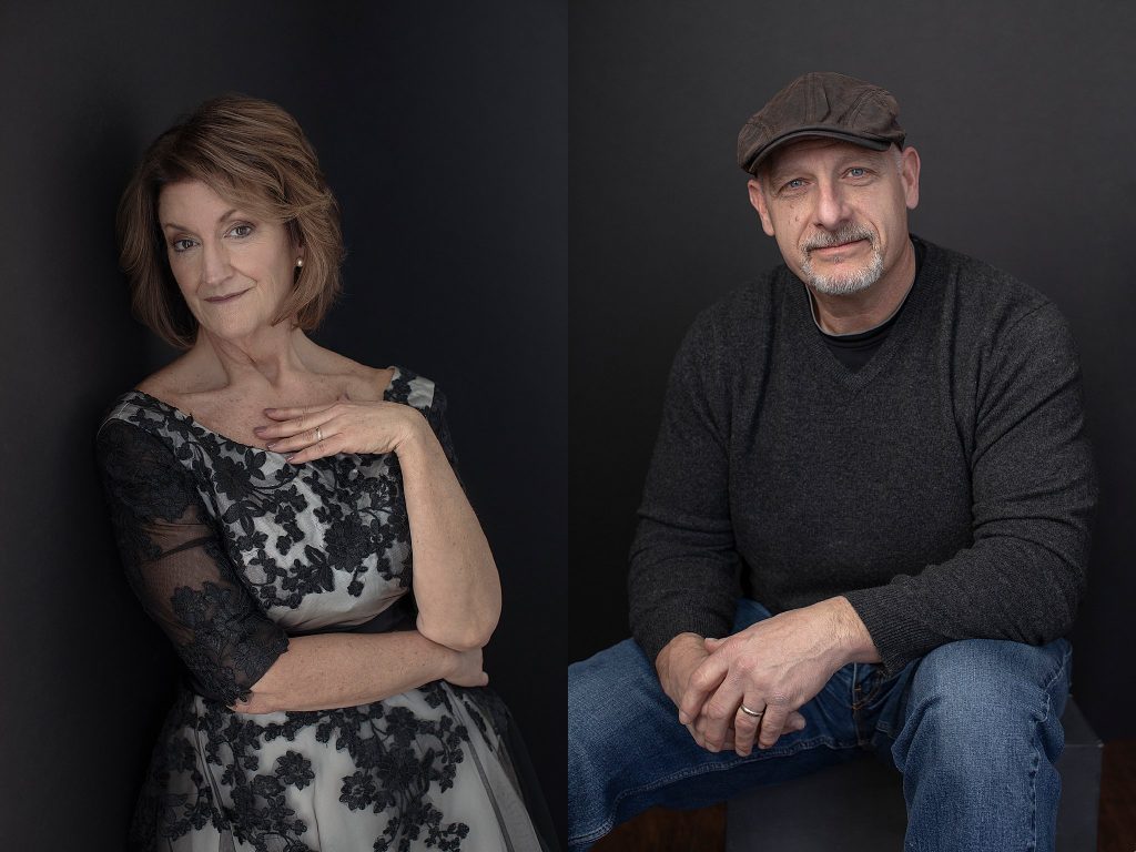 Susan wearing 1950s lace dress, Tom wearing a hat and jeans