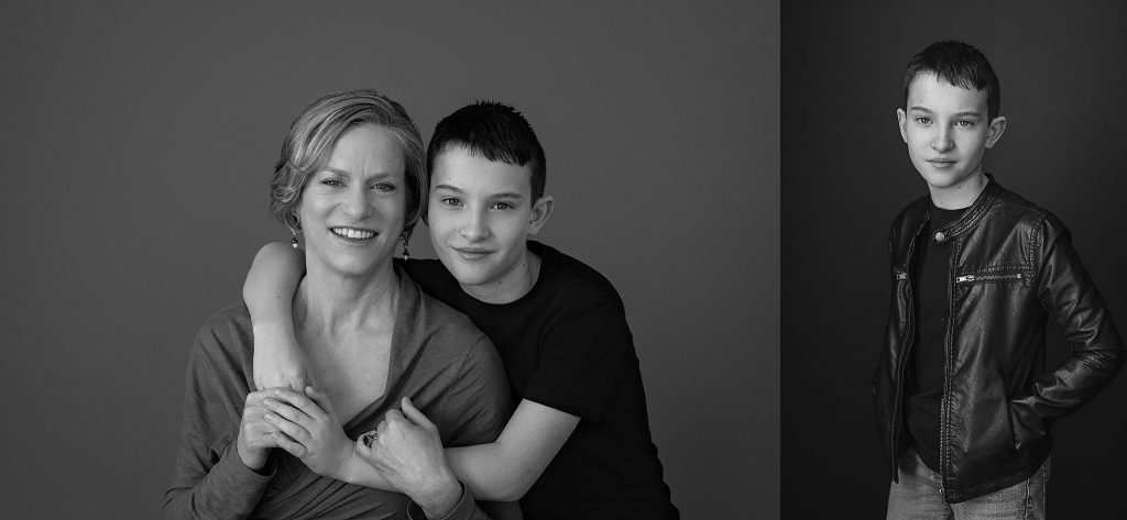 Black and white portraits of a mother and son; and a portrait of a boy in a black leather jacket