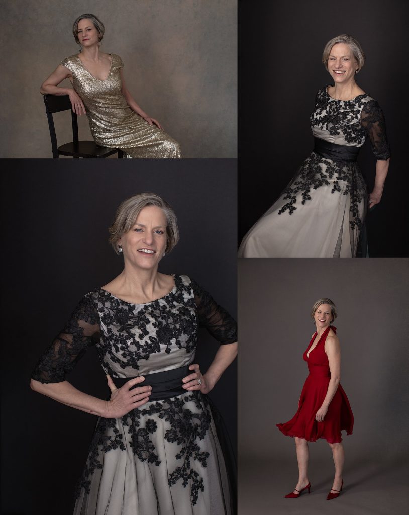 Portraits of a woman in a gold dress, a vintage lace dress, and a red silk dress