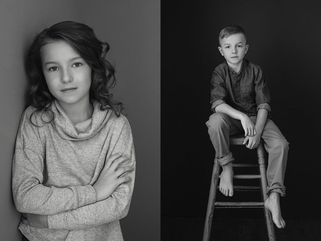 black and white portraits of young sister and brother
