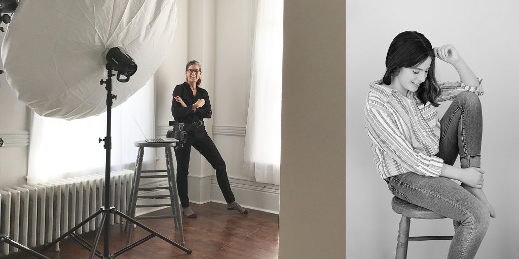 Behind-the-scenes and a black and white portrait of Chloe laughing