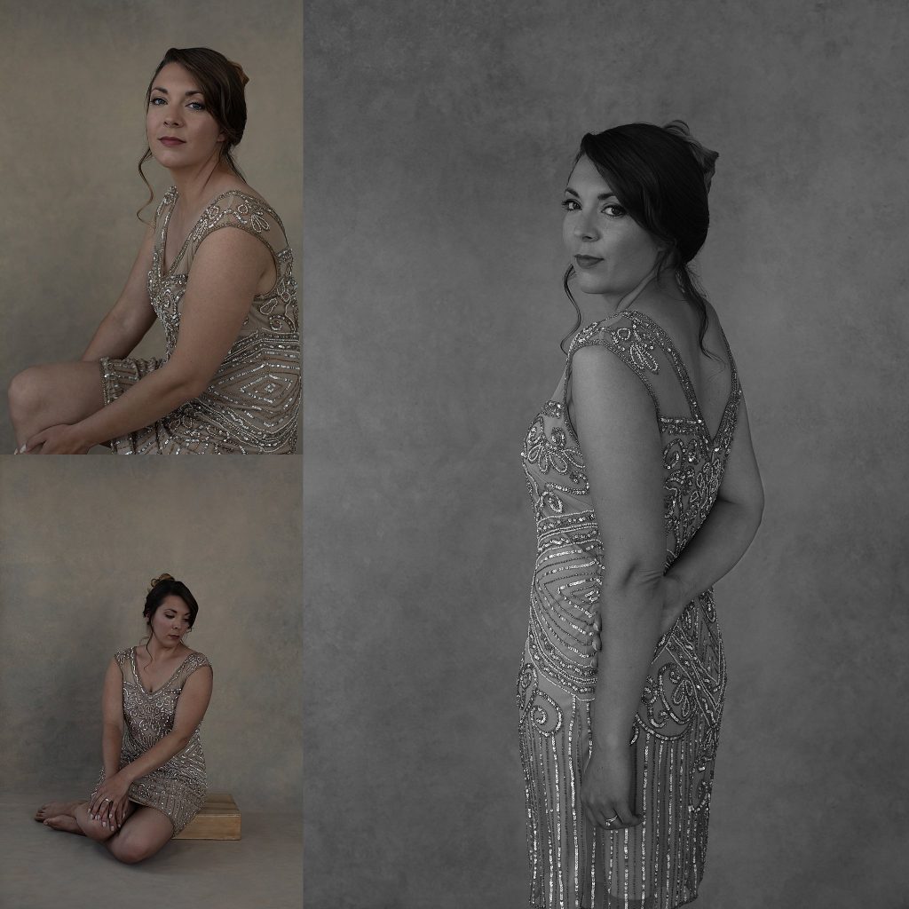 Portraits of Kate wearing a 1920's-style beaded dress