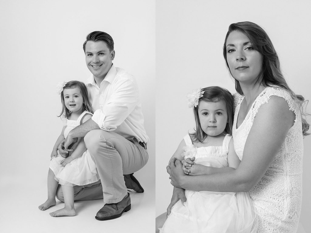 black and white portraits of father and daughter and mother and daughter
