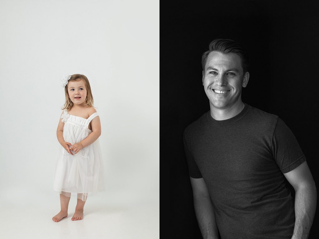 two portraits: daughter in white dress and father in black shirt - black and white photo
