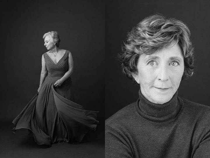 Black and white portraits:  Rosemary dancing and closeup of Jean