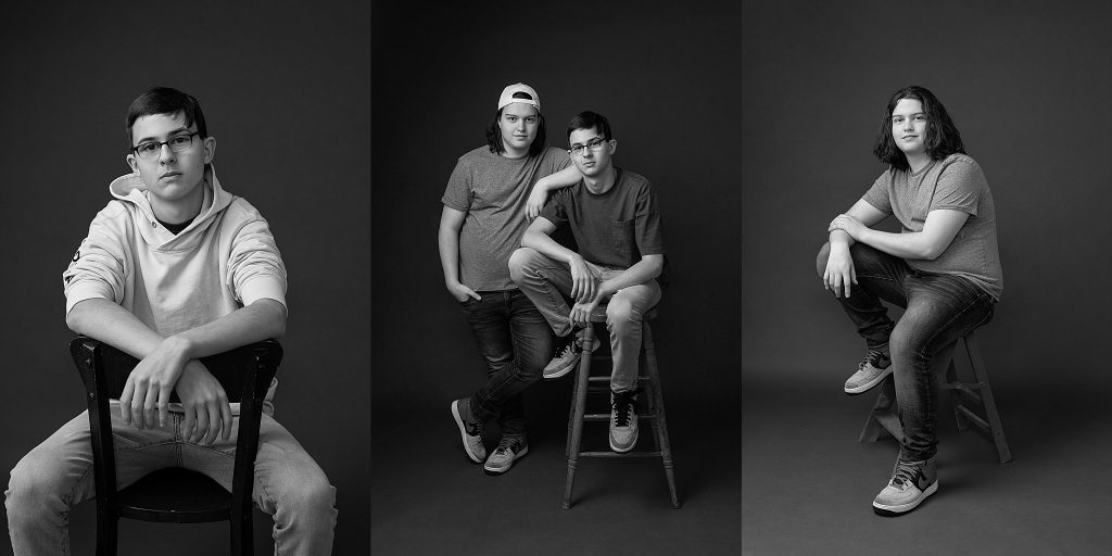 casual black and white portraits of teenage cousins