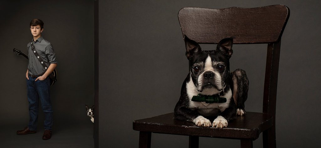 Portrait of Alex with dog peeking around corner / NH pet photographer