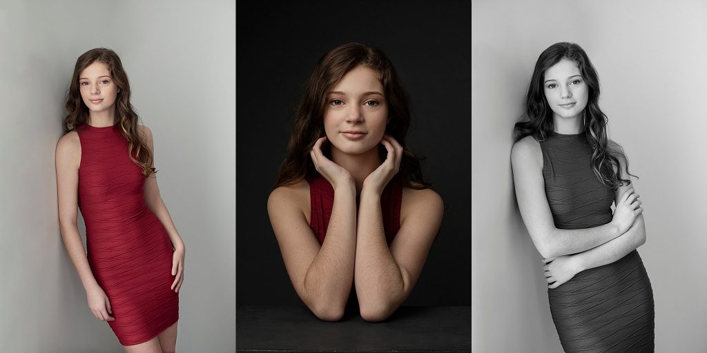 Senior portraits of Emma in red dress