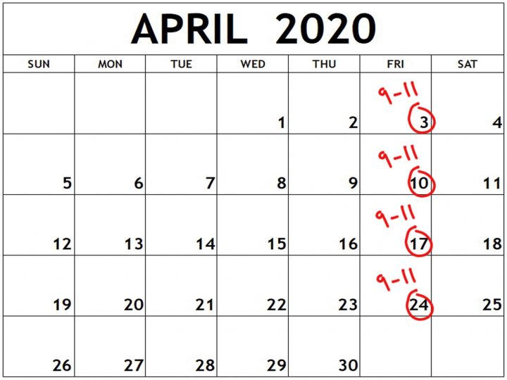 April 2020 photo course calendar