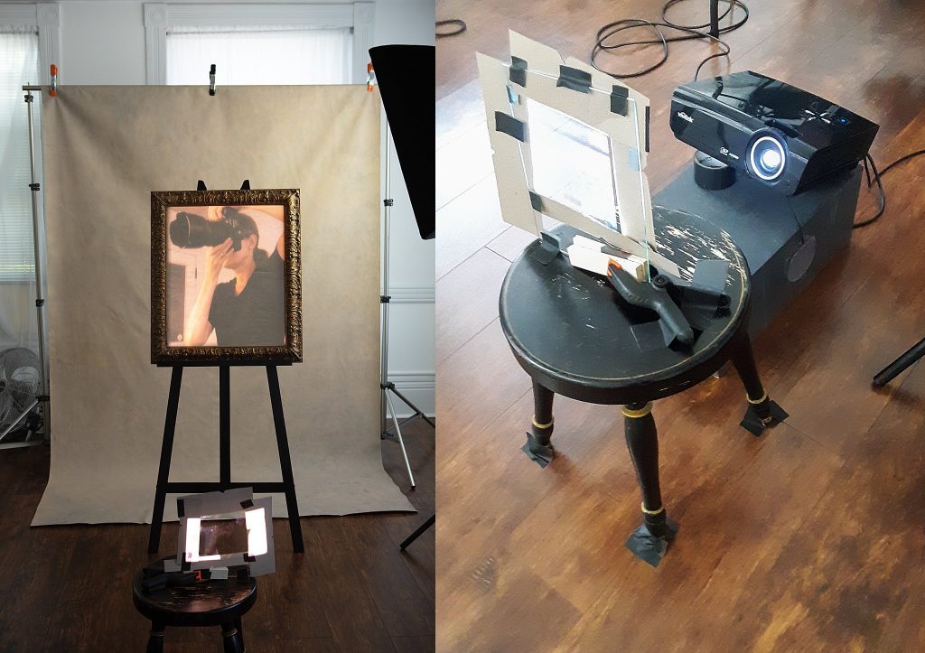 Behind the scenes setup, showing the projector and masking the light