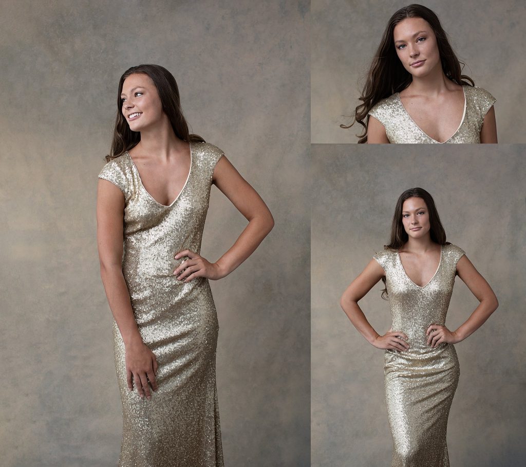 Fashion photos of Abby wearing a gold gown