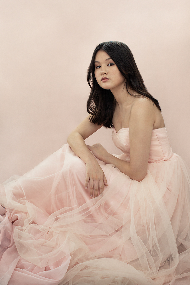 Magazine-style senior photo sessions in Plymouth NH - Mattie in pink dress