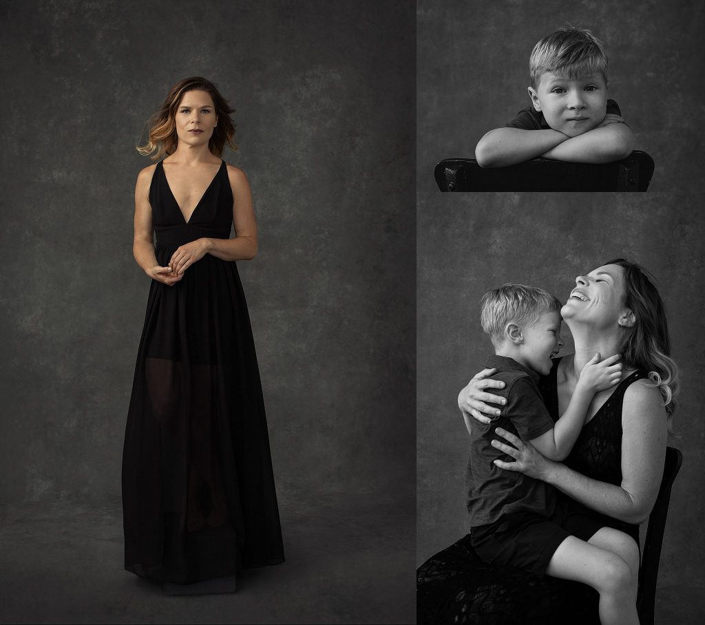 Individual portraits and black and white mother-son portrait