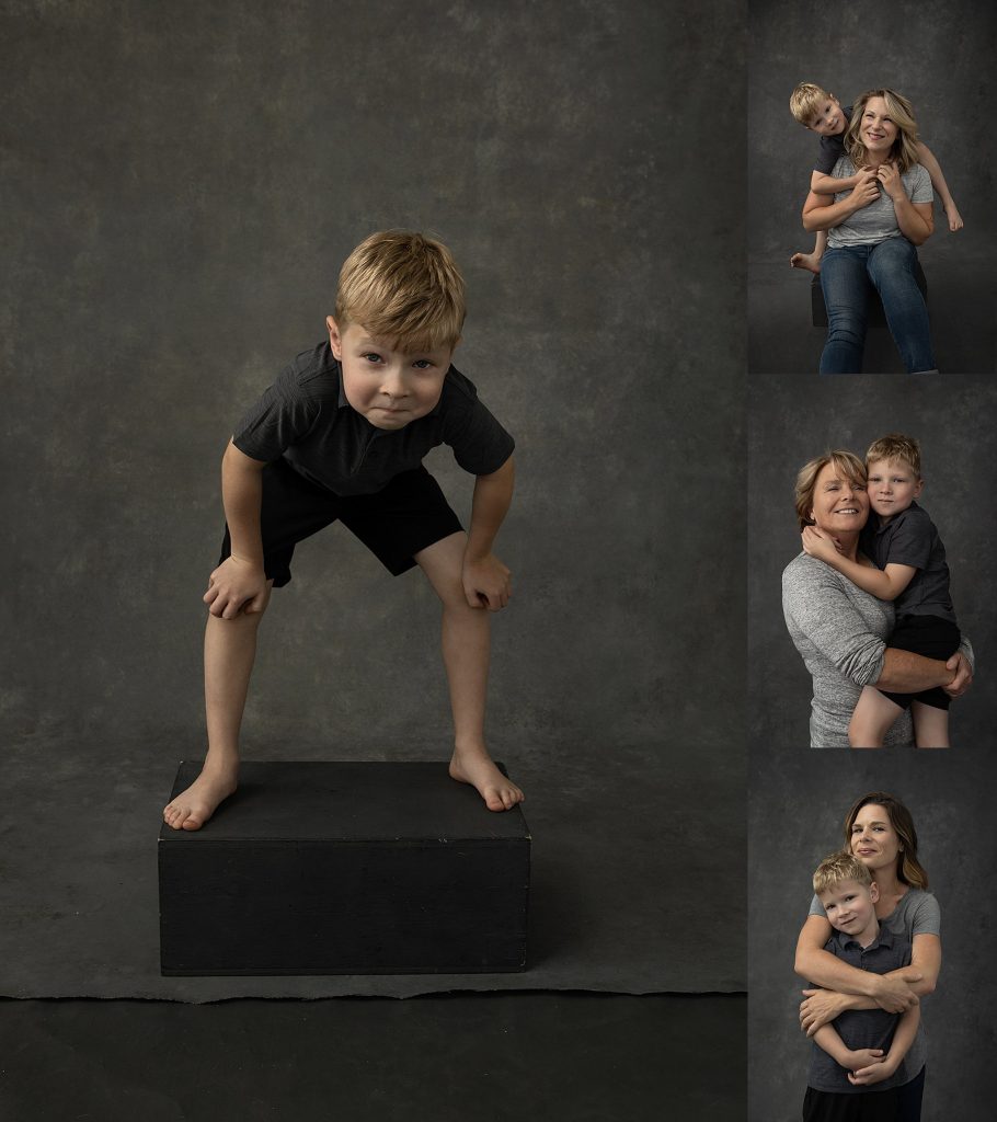 A collage of photos - children's portrait and family with child