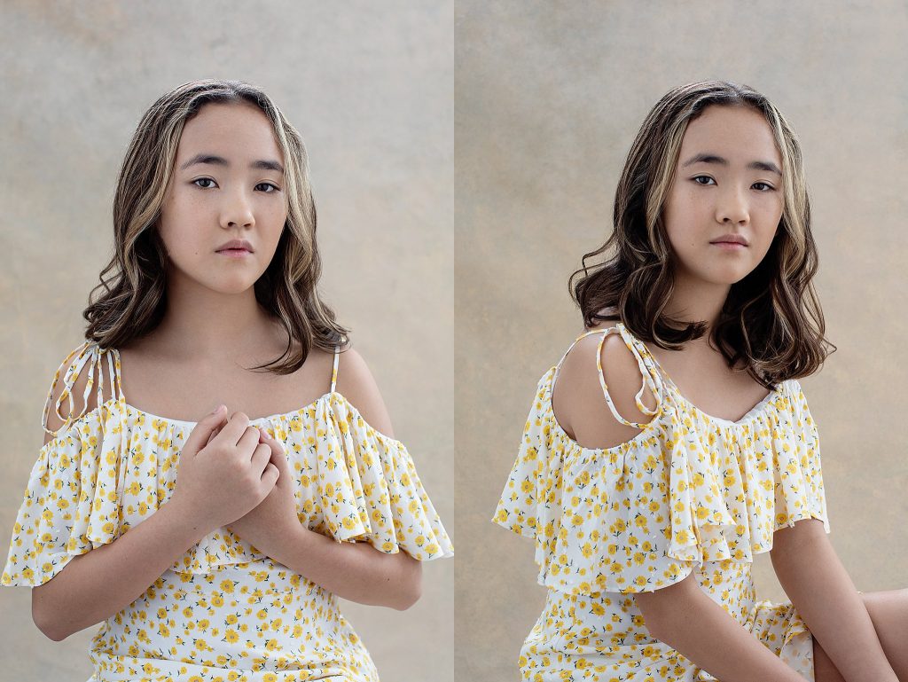 Portraits of a tween girl in floral dress