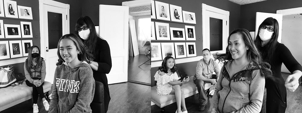 Behind the scenes at the start of a family photo session at Maundy Mitchell Photography - professional hair and makeup styling