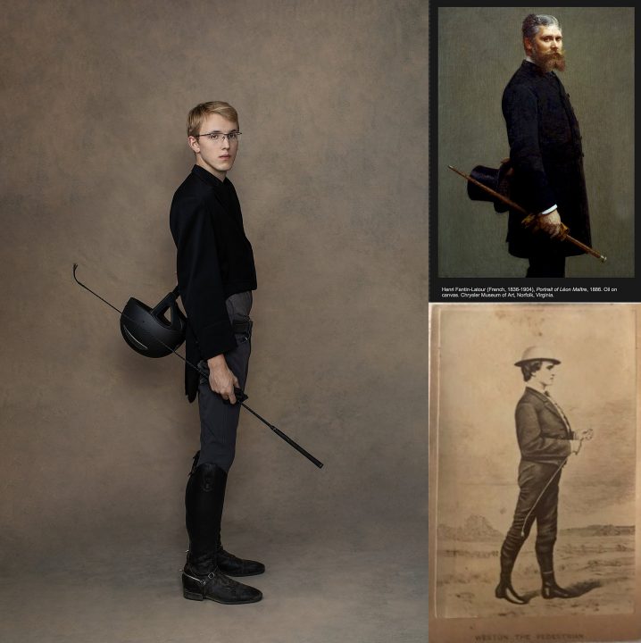 Collage of three works: Maundy Mitchell's photograph, "Portrait of Tristan in Riding Gear," a painting by Henri Latour, "Portrait of Leon Maitre," and an etching of Edward Payson Weston called "The Pedestrian"