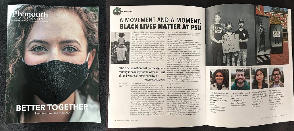 Winter 2021 article about the BLM movement at PSU, including the Protest Portraits exhibit in the fall of 2020.