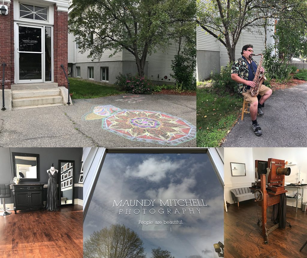 Maundy Mitchell's studio outside with sidewalk chalk; musician Mark Flynn plays saxophone on the sidewalk in Plymouth, NH; the styling room at Maundy Mitchell Photography; the front door with "People are beautiful" sticker; the antique Deardorff camera Maundy uses to make tintype portraits