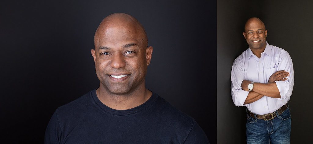 A headshot and a personal branding portrait on black backgrounds