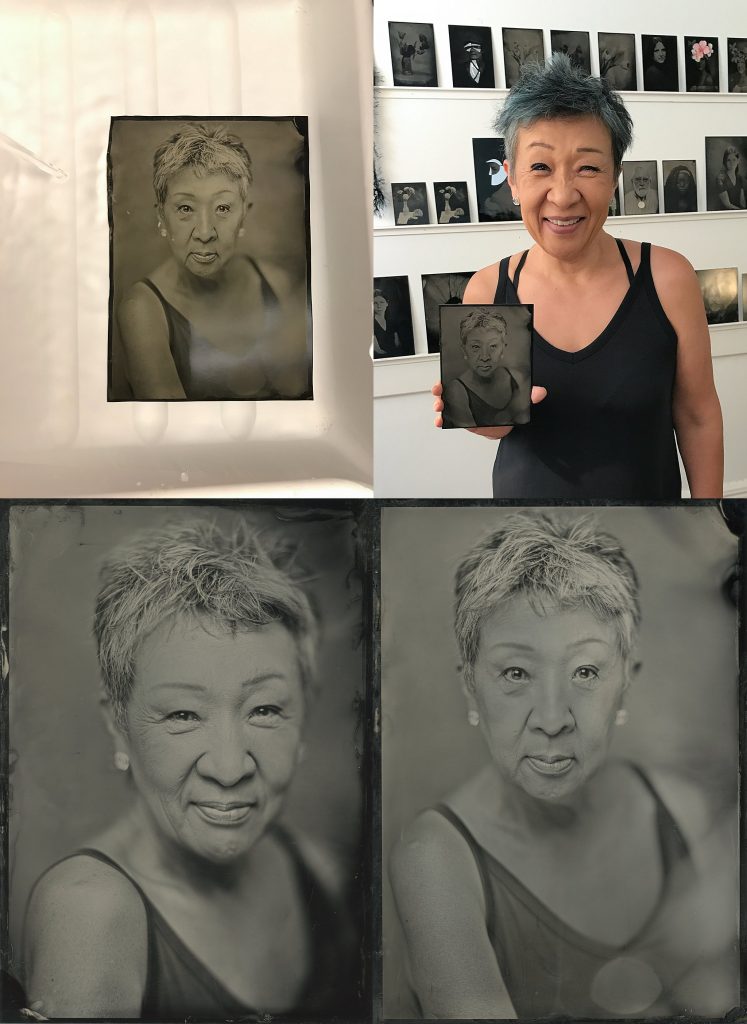 Collage of tintype process:  Haewon's portrait in the final rinse; Haewon with her finished portrait; two digital scans of Haewon's tintype portraits