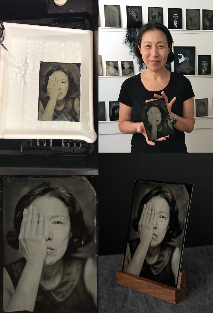South Korean photographer Hwakyung Chang with tintype portraits by Maundy Mitchell at Maundy's studio in Plymouth, NH, USA