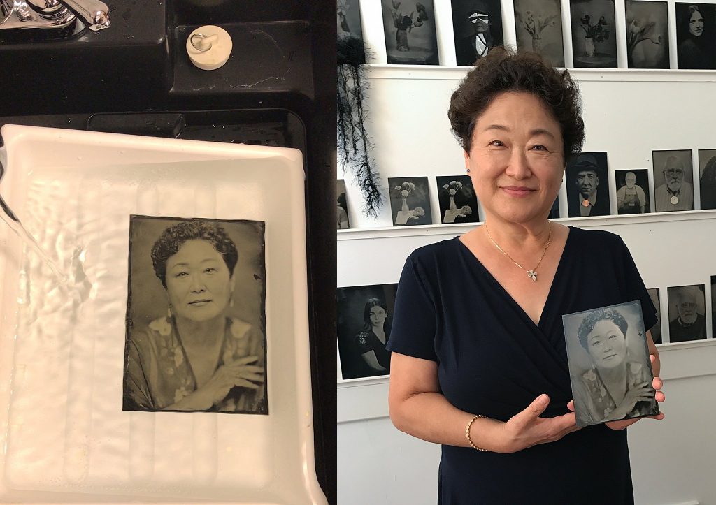 Two images: tintype portrait of Jean in the final rinsing stage; cell phone photo of Jean with her tintype portrait