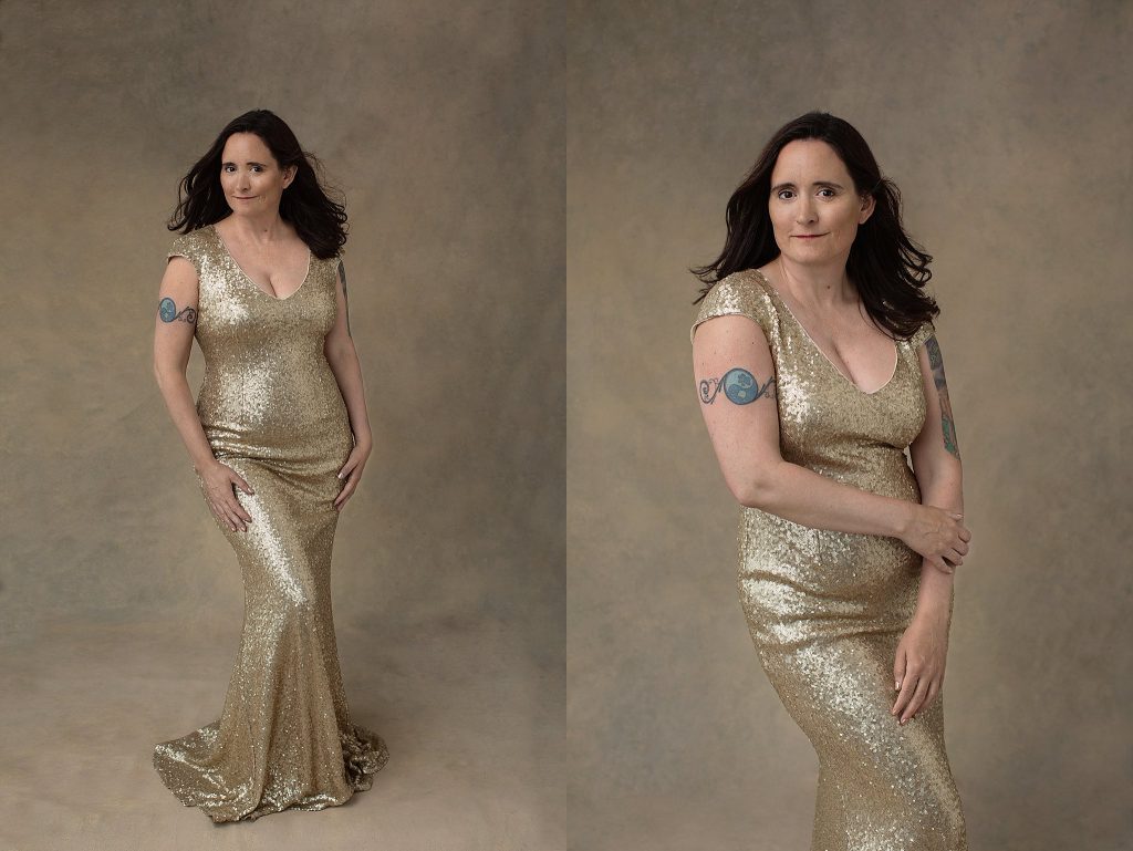 Portraits of Danielle wearing a gold evening gown from the studio wardrobe