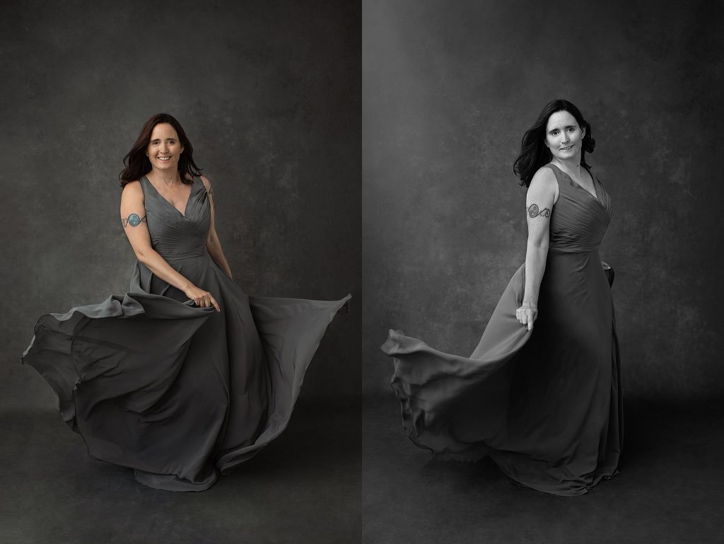 Portraits of Danielle wearing a gray gown and dancing