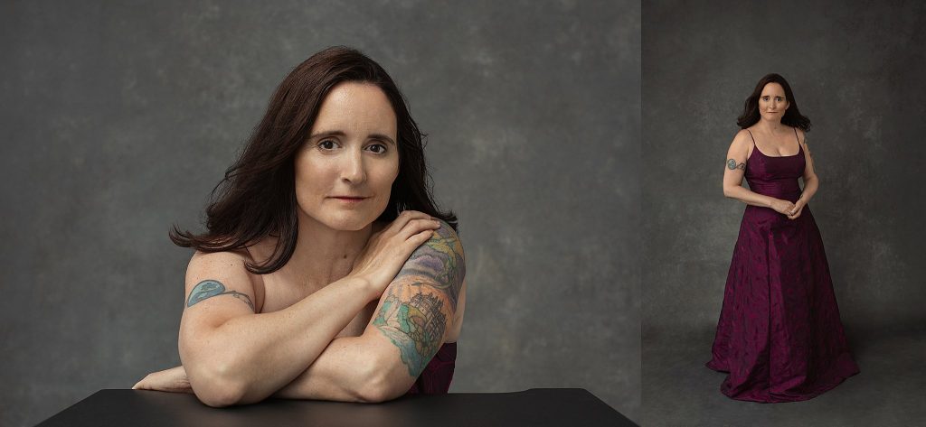 Portraits of Danielle with tattoos and an evening gown