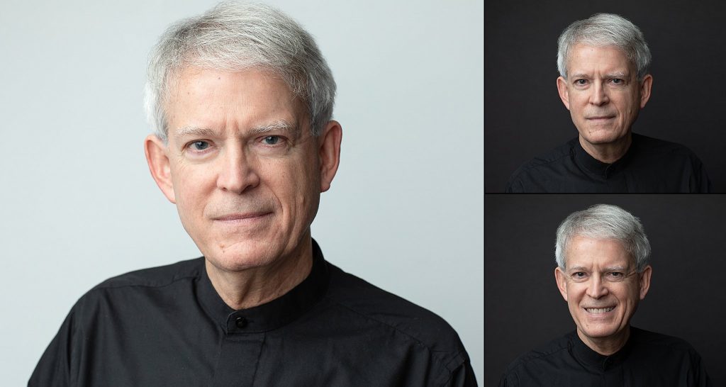 Three new headshots of musician Mark Nelson, with light and dark backgrounds.