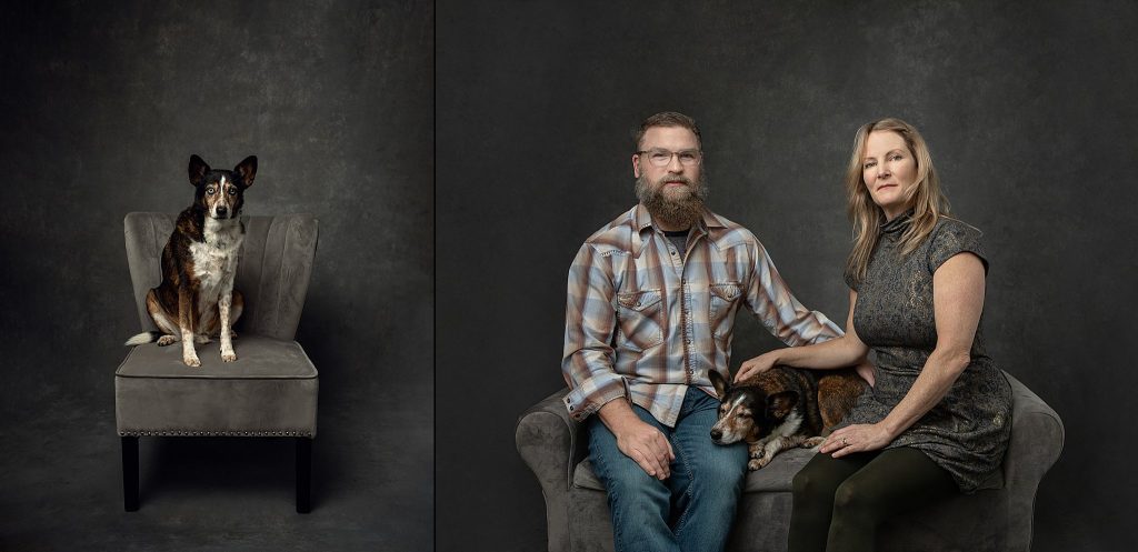 a painterly portrait of a dog in a velvet chair and another of the dog (sleeping) with his family