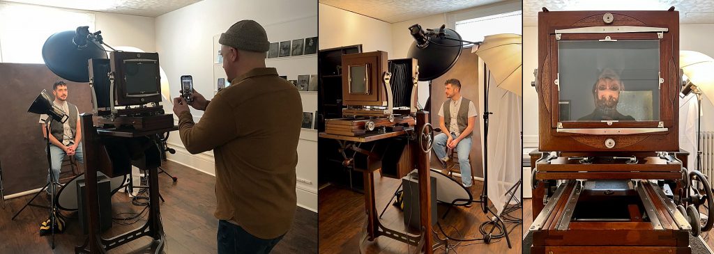 Behind-the-scenes photos from Joseph and Matthew's tintype session: Joseph taking a cell pic of Matthew in front of the camera, and the upside-down view of Matthew in the camera.