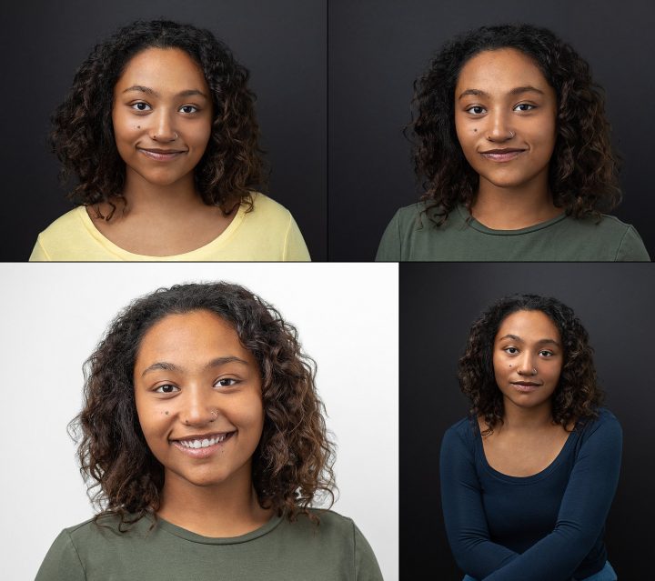Collage of headshots for singer / actor Janaysia Gethers - headshots with black background, portrait with black background, headshot with white background