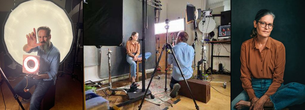 Two behind-the-scenes photos at Ivan Weiss's London studio, and a finished portrait of Maundy Mitchell by Ivan Weiss London