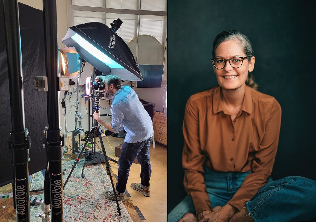 Behind the scenes photo of Ivan Weiss in his London studio and a portrait of New Hampshire USA-based photographer Maundy Mitchell