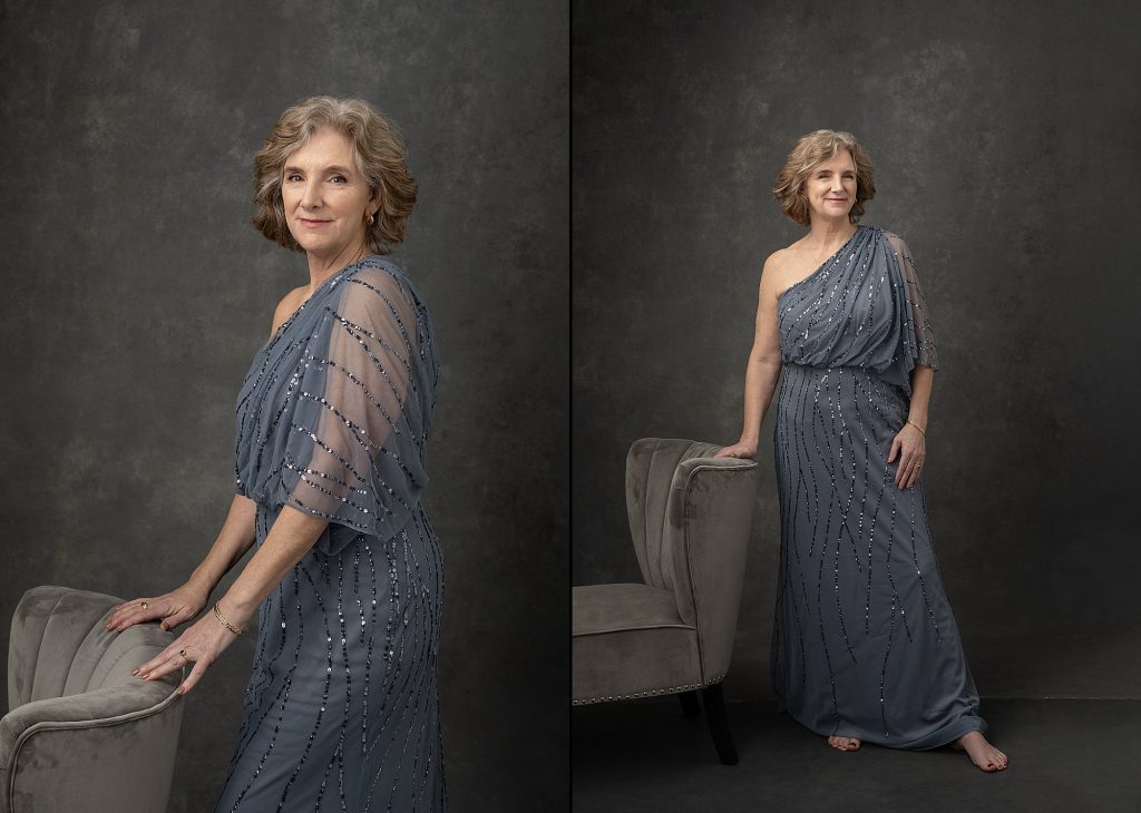 Two portraits of Nancy from her portrait experience Extraordinary: the Over 50 Revolution. She is wearing a dusty blue beaded gown.