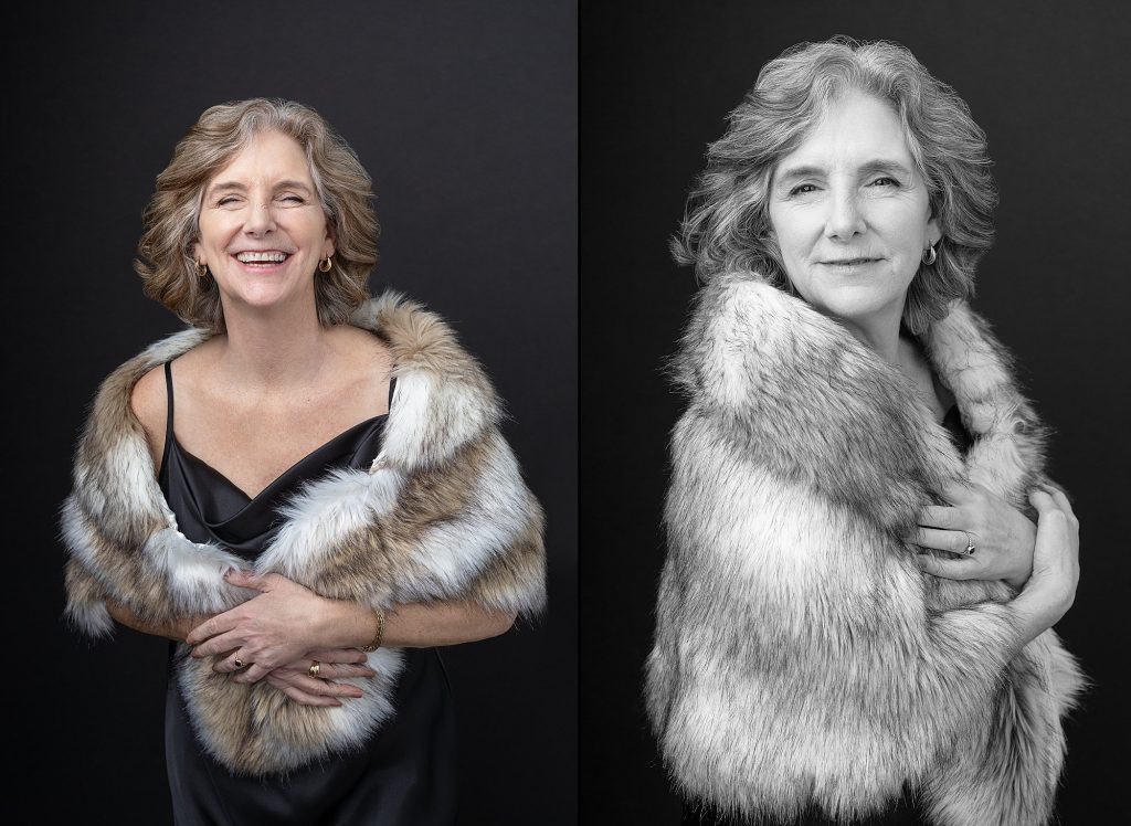 Two portraits of Nancy from her portrait experience Extraordinary: the Over 50 Revolution. She is wearing a faux fur stole.