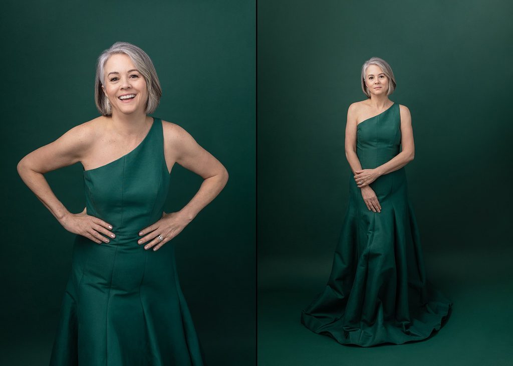 Two portraits of Dianne from her Extraordinary: the Over 50 Revolution portrait experience. She is wearing a green gown, in front of a green backdrop.