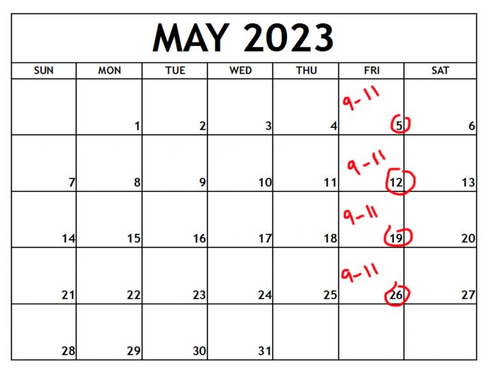 May 2023 calendar with Spring Photo Class dates